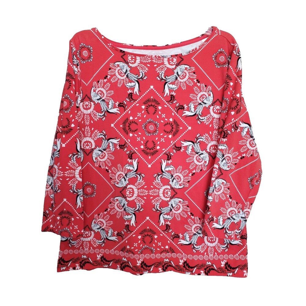 Talbots Cotton/Spandex Red Peacock Bandana Print Bateau Neck T-Shirt Size XL - Picture 1 of 5